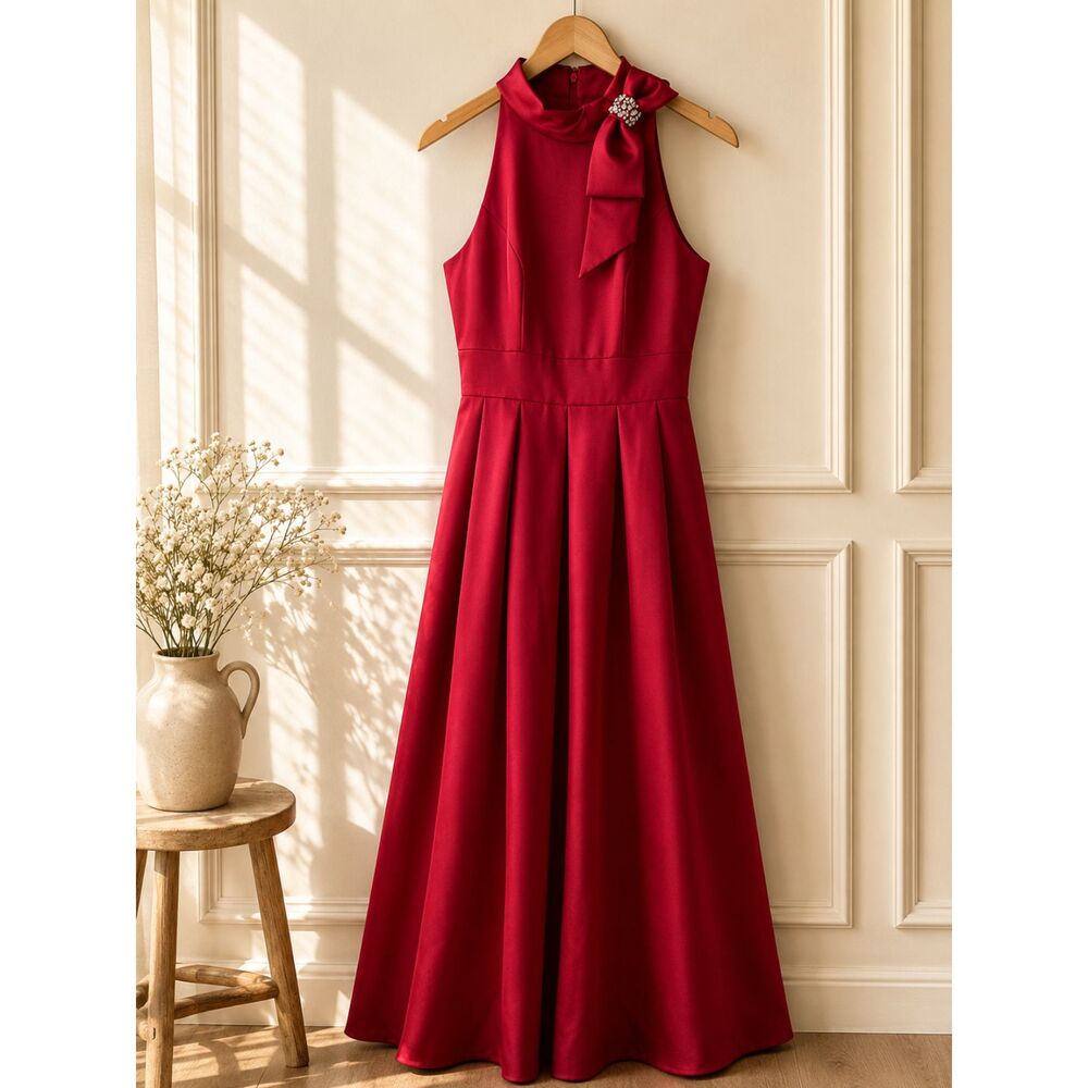 Eliza J Red Satin Halter Maxi Dress Rhinestone Bow Size 8 Formal Gown Pockets